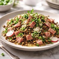 Warm Lentil Ham Salad with Dijon Cream