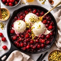 Warm Skillet Sour Cherries with Vanilla Ice Cream