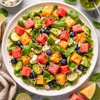 Watermelon Cantaloupe Salad with Mint Basil Vinaigrette
