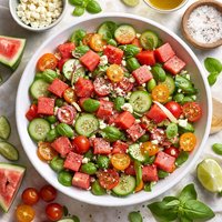 Watermelon Cucumber and Tomato Salad