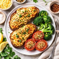 Welsh Rarebit with Broiled Tomatoes and Broccoli