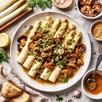 White Asparagus with Mushrooms in Brown Butter