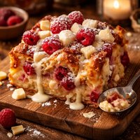 White Chocolate Bread Pudding with Raspberry and White Chocolate