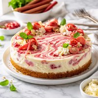 White Chocolate Rhubarb Swirled Cheesecake