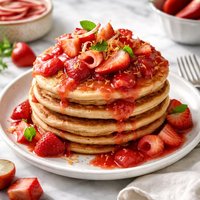 Whole Wheat Pancakes with Strawberry Rhubarb Compote