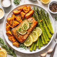 Wild Salmon with Rosemary Sweet Potatoes and Lemon Asparagus