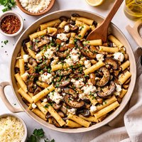Ziti with Portobello Mushrooms Caramelized Onions Goat Cheese