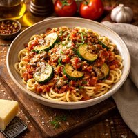 Zucchini Mushroom and Fresh Tomato Sauce Over Pasta
