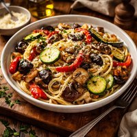 Zucchini Pasta with Mushrooms Eggplant and Roasted Peppers