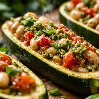 Zucchini Stuffed with Tomato White Beans and Pesto